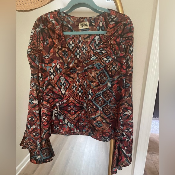Show Me Your Mumu Bell Sleeve V-Neck Boho Aztec Print Blouse Top Brown M - Picture 2 of 7